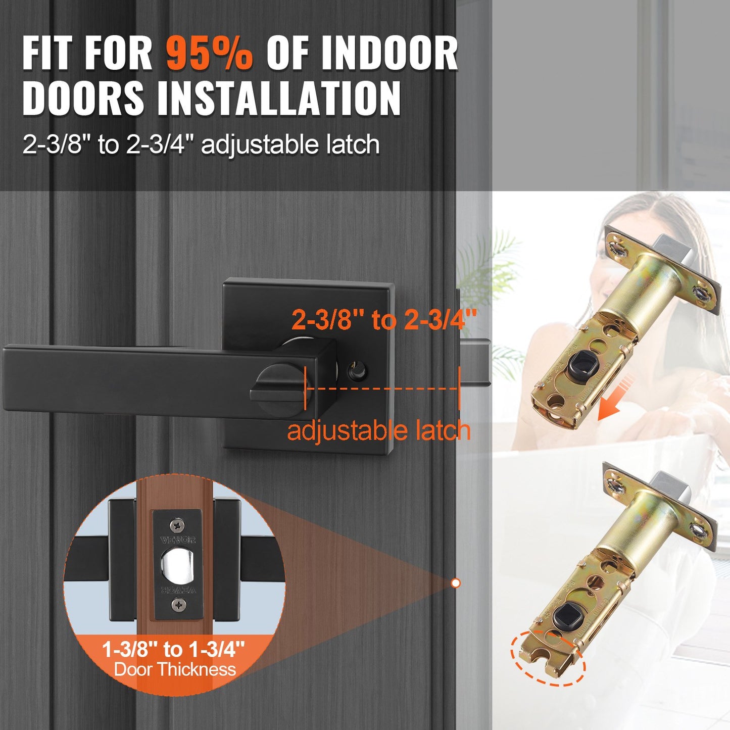 Dörrhandtag med sekretessfunktion, 1-pack mattsvart dörrhandtag, vänster- eller högervändbart vändbart handtag med nyckellöst lås, 45° rotation för öppning, universal fyrkantig insida för sovrums- och badrumsdörrar