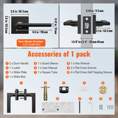 Dörrhandtag med sekretessfunktion, 5-pack mattsvart dörrhandtag, höger- eller vänsterhänt vändbart handtag med nyckellöst lås, 45° rotation för öppning, universal fyrkantig insida för badrums- och sovrumsdörrar