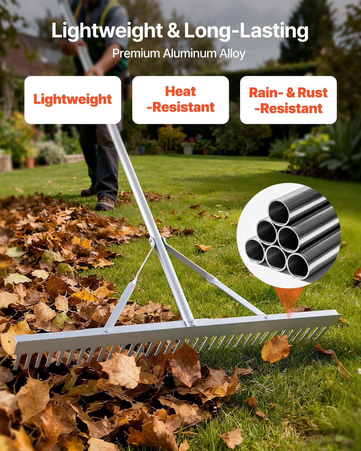 Landscape Rake, 914 mm Wide Head 2590 mm Handle, Large Heavy Duty Aluminum Landscaping Leaf Rake Tool, Asphalt Level for Loosening Soil, Garden & Yard, Pond Gravel & Beach Lawn Care, 15.8m Rope