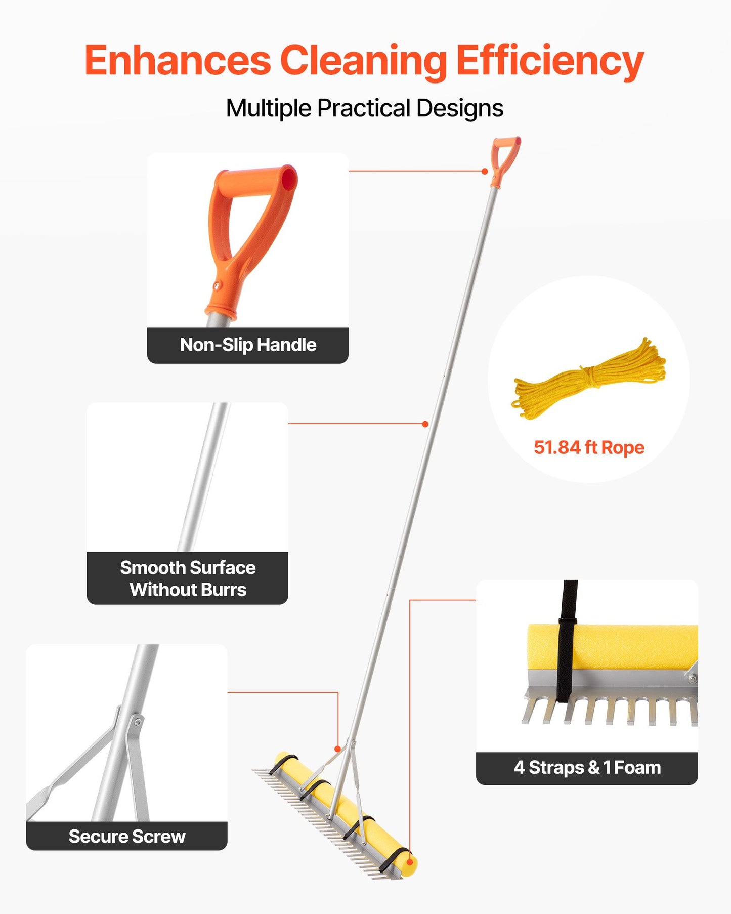 Landscape Rake, 914 mm Wide Head 2590 mm Handle, Large Heavy Duty Aluminum Landscaping Leaf Rake Tool, Asphalt Level for Loosening Soil, Garden & Yard, Pond Gravel & Beach Lawn Care, 15.8m Rope