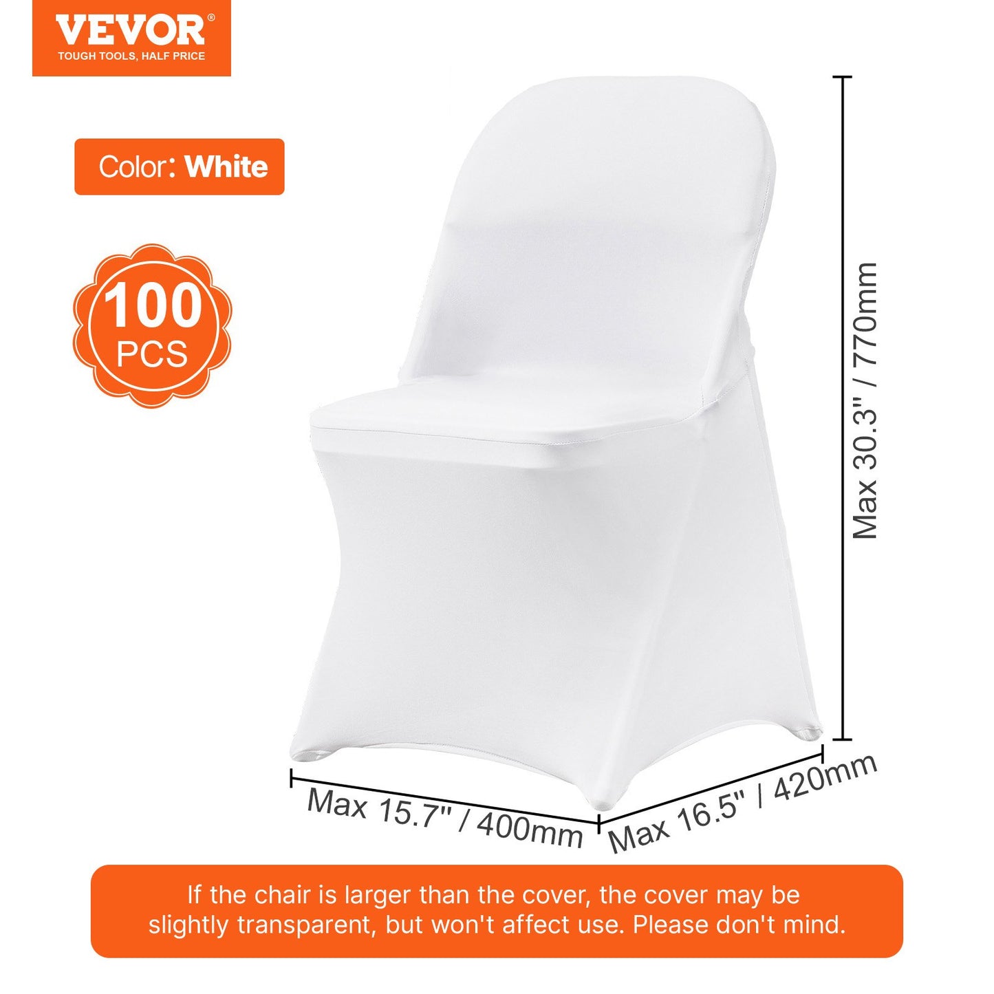 Stretch Spandex Folding Chair Covers, Universal Fitted Chair Cover, Removable Washable Protective Slipcovers, for Wedding, Holiday, Banquet, Party, Celebration, Dining (100PCS White)