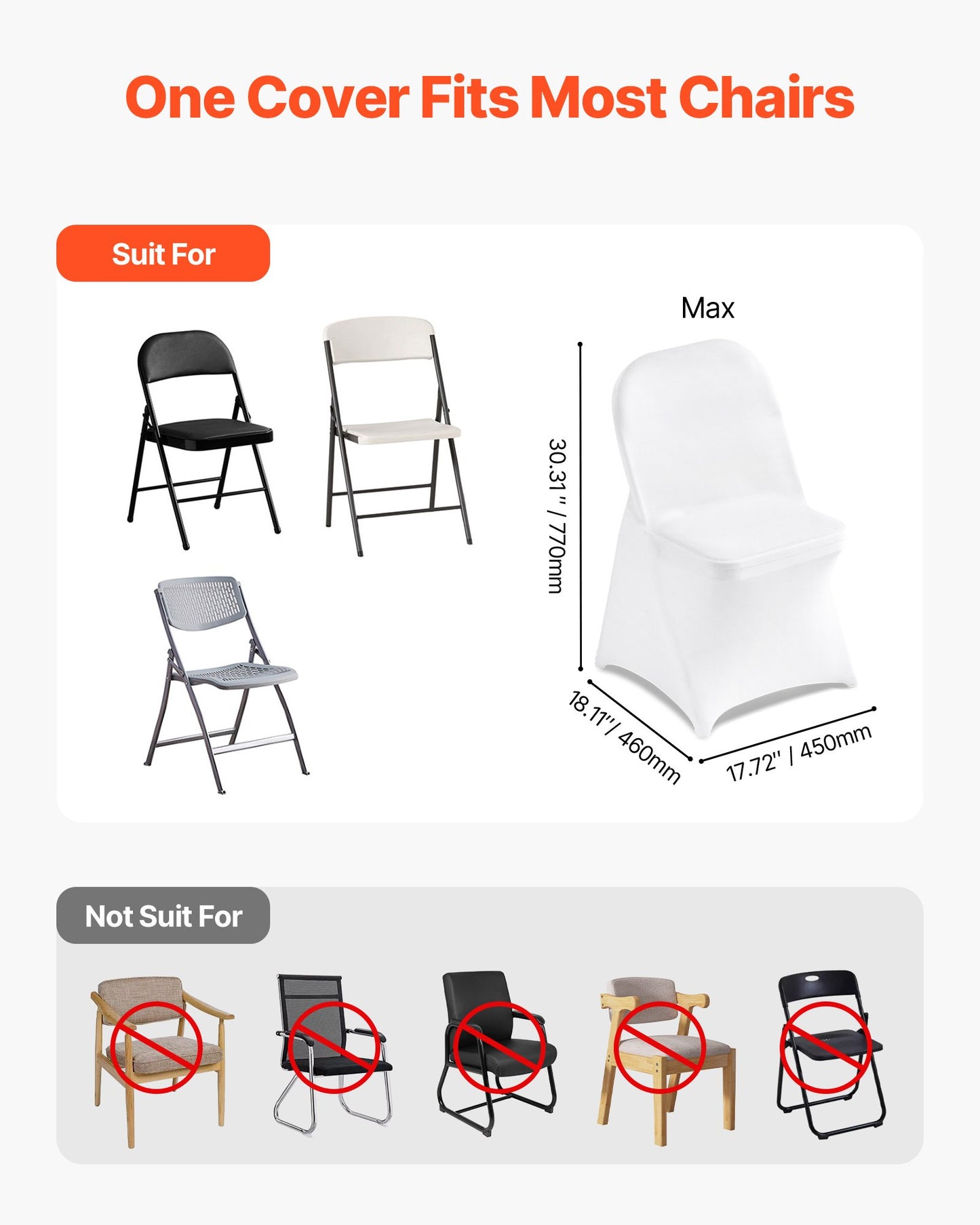 150 Pcs White Chair Covers, Polyester Spandex Chair Cover, Stretch Slipcovers for Wedding Party Dining Banquet Flat-Front Chair Covers, Fits Chair Measures up to 17.72 x 18.11 x 30.31 inch