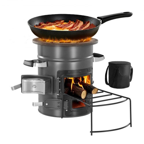 Camping Rocket Stove, Wood Burning Portable Rocket Stove with Carrying Bag for Backpacking, SPCC Steel, Double Door, Burn Twigs, Sticks or Charcoals for Outdoor Cooking, Backyard, Camp Cooking