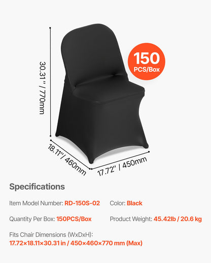 150 Pcs Black Chair Covers, Polyester Spandex Chair Cover, Stretch Slipcovers for Wedding Party Dining Banquet Flat-Front Chair Covers, Fits Chair Measures up to 17.72 x 18.11 x 30.31 inch