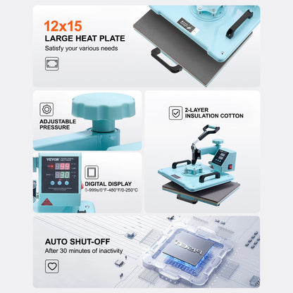 Värmepressmaskin, 30 x 15 tum, 5-i-1 värmeöverföringsmaskin med 940 ml tumlarpress, 360° svängbar T-shirtpressning, digital precisionskontroll, för T-shirts/muggar/hattar/tallrikar, grön