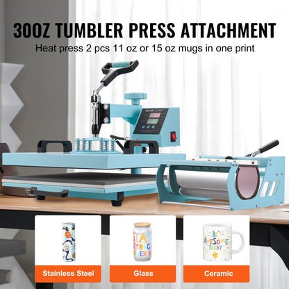 Heat Press Machine, 15 x 15 inch, 5 in 1 Heat Transfer Machine with 30 oz Tumbler Press, 360° Swing Away T-Shirt Pressing, Digital Precise Control, for T-Shirts/Mugs/Hats/Plates, Green