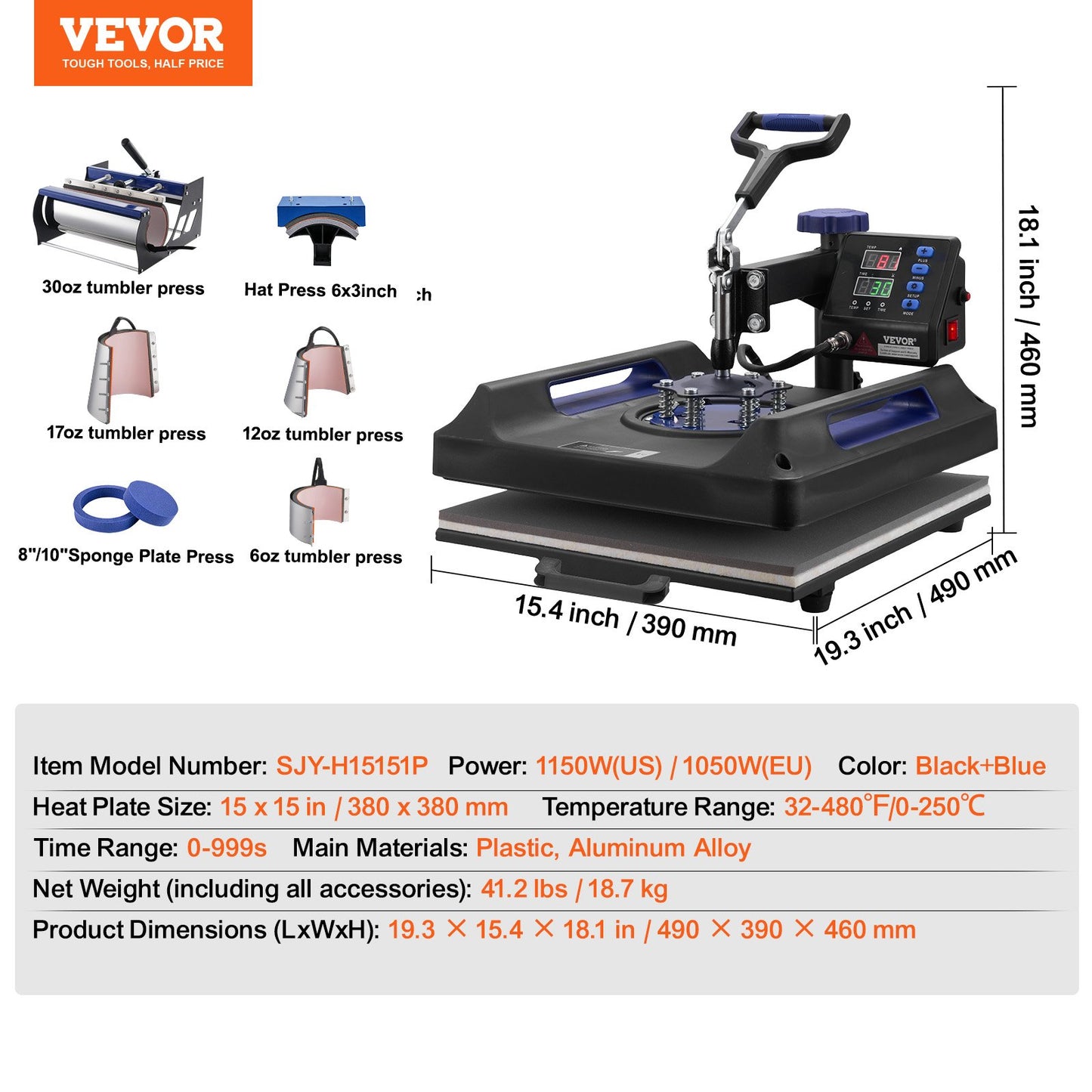 8 i 1 värmepressmaskin 38x38 cm 850,5 g tumlarpress T-shirts svarta+blå
