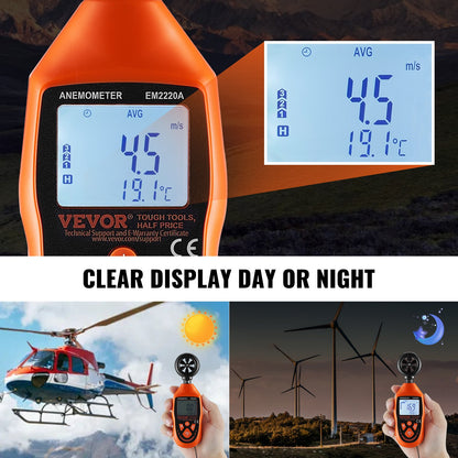 Handheld Anemometer, 14℉-113℉, Digital Wind Speed Meter Gauge with LED Backlight Screen, Measures Wind Velocity Wind Temperature Air Flow Wind Chill, for Sailing Surfing Drone Flying HVAC