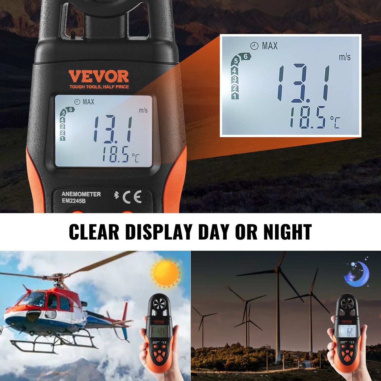 Bluetooth Handheld Anemometer, 14℉-140℉, Digital Wind Speed Meter Gauge with LED Backlight Screen, Measures Wind Velocity Wind Temperature Air Flow Wind Chill, for Surfing Drone Flying HVAC