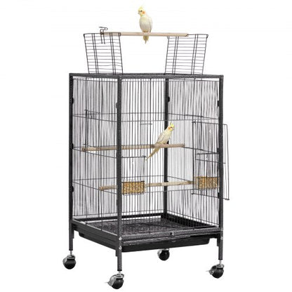 Bird Cage, 460 x 460 x 770 mm, Open Flat Top, Wrought Iron Bird Flight Cage with Perches, Slide-Out Tray and Plastic Feeders, Casters, for Parrot, Blue Tit, Cockatiel, Canary, Budgerigar, Conure