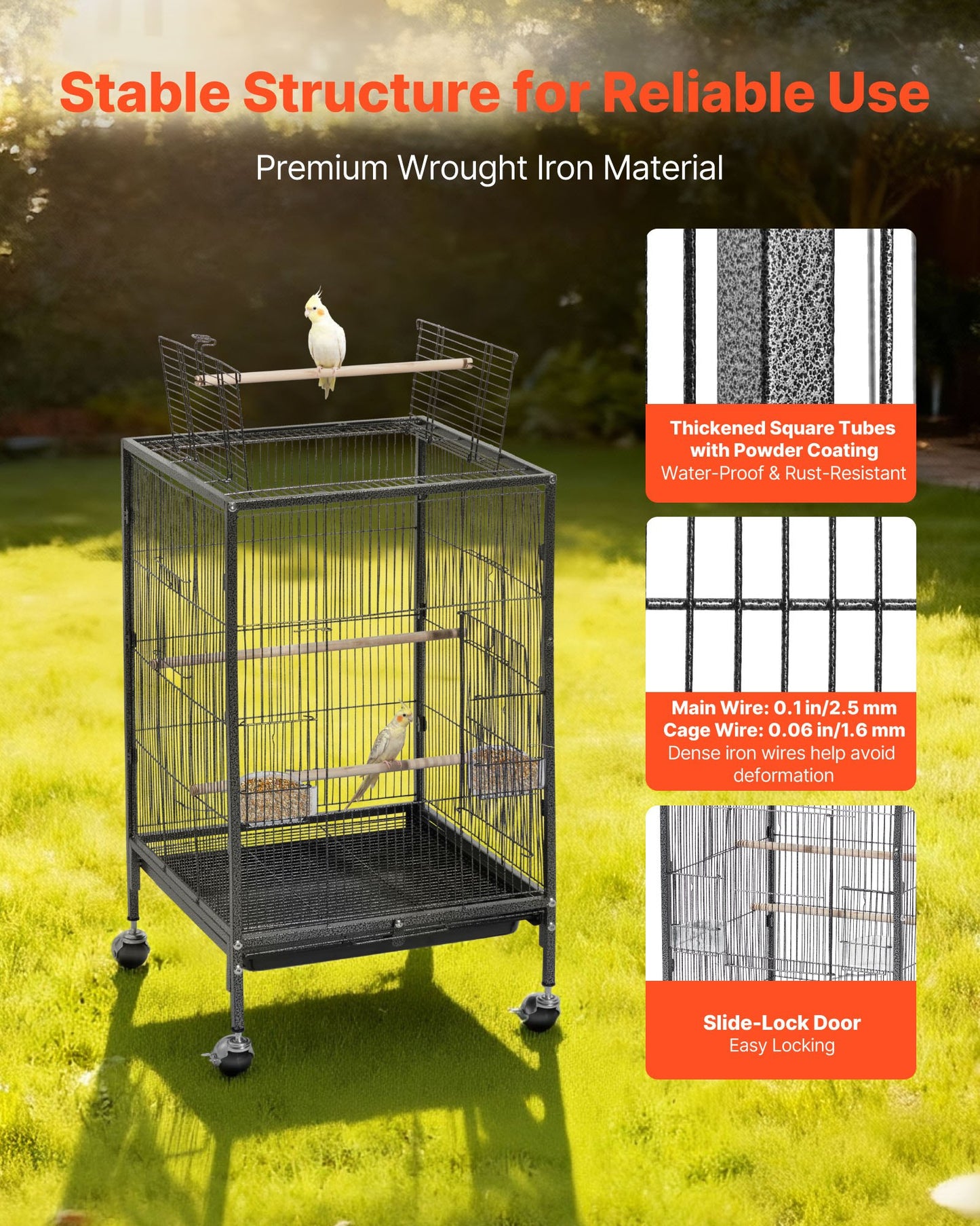 Bird Cage, 460 x 460 x 770 mm, Open Flat Top, Wrought Iron Bird Flight Cage with Perches, Slide-Out Tray and Plastic Feeders, Casters, for Parrot, Blue Tit, Cockatiel, Canary, Budgerigar, Conure