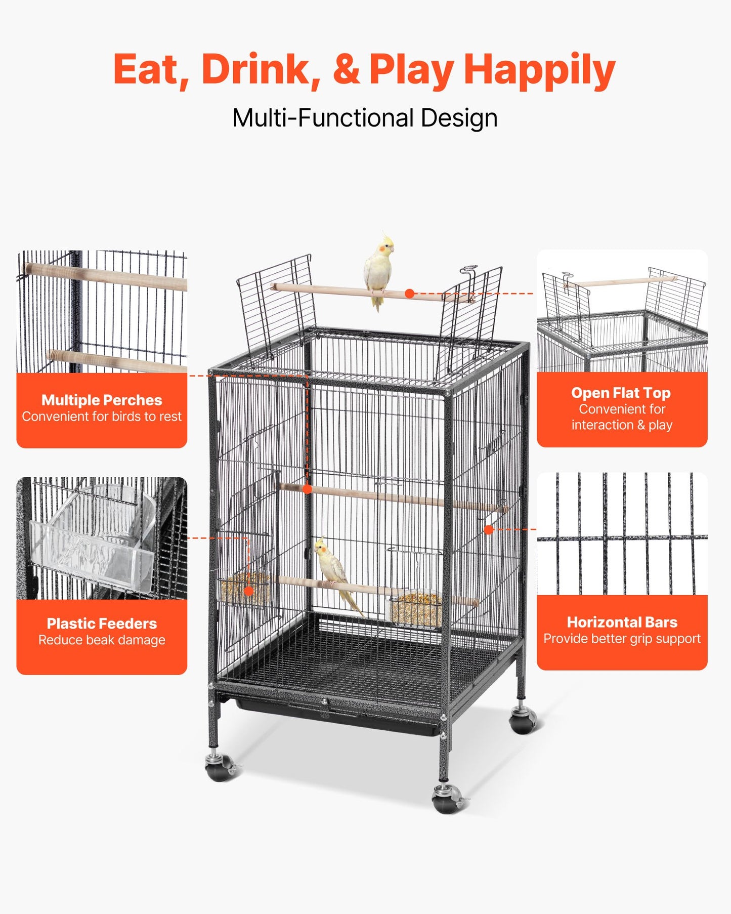 Bird Cage, 460 x 460 x 770 mm, Open Flat Top, Wrought Iron Bird Flight Cage with Perches, Slide-Out Tray and Plastic Feeders, Casters, for Parrot, Blue Tit, Cockatiel, Canary, Budgerigar, Conure