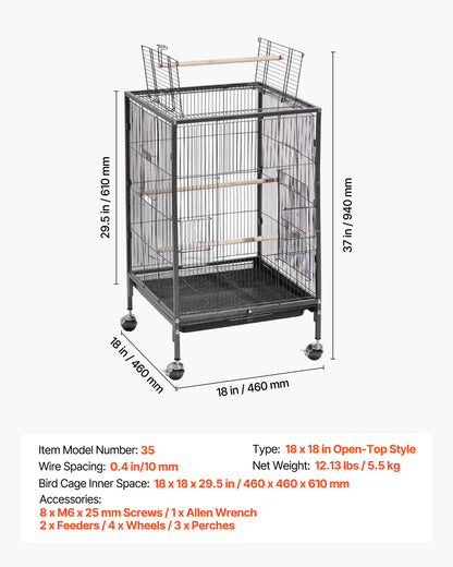 Bird Cage, 460 x 460 x 770 mm, Open Flat Top, Wrought Iron Bird Flight Cage with Perches, Slide-Out Tray and Plastic Feeders, Casters, for Parrot, Blue Tit, Cockatiel, Canary, Budgerigar, Conure