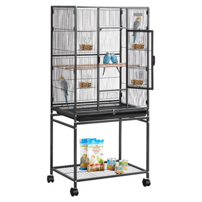 Bird Cage, 625 x 425 x 1370 mm, Flat Top, Wrought Iron Bird Flight Cage with Perches, Slide-Out Tray and Plastic Feeders, Casters, for Parrot, Blue Tit, Cockatiel, Canary, Budgerigar, Conure