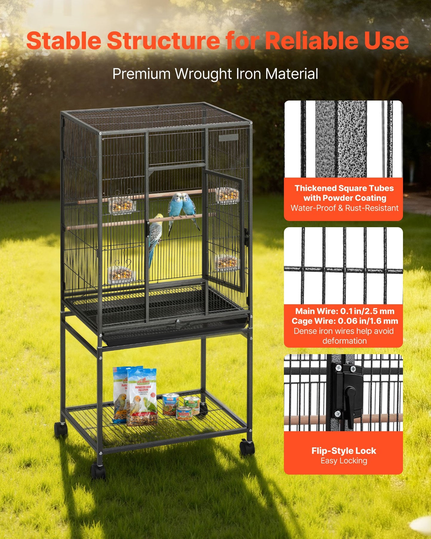 Bird Cage, 625 x 425 x 1370 mm, Flat Top, Wrought Iron Bird Flight Cage with Perches, Slide-Out Tray and Plastic Feeders, Casters, for Parrot, Blue Tit, Cockatiel, Canary, Budgerigar, Conure