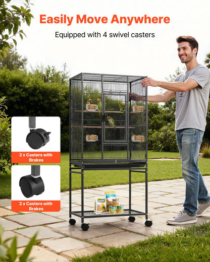 Bird Cage, 625 x 425 x 1370 mm, Flat Top, Wrought Iron Bird Flight Cage with Perches, Slide-Out Tray and Plastic Feeders, Casters, for Parrot, Blue Tit, Cockatiel, Canary, Budgerigar, Conure