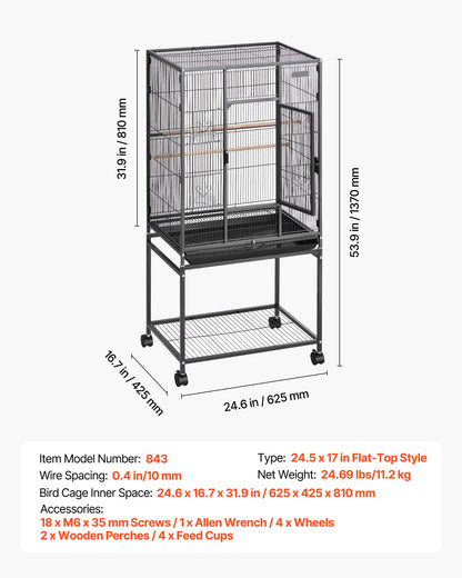 Bird Cage, 625 x 425 x 1370 mm, Flat Top, Wrought Iron Bird Flight Cage with Perches, Slide-Out Tray and Plastic Feeders, Casters, for Parrot, Blue Tit, Cockatiel, Canary, Budgerigar, Conure