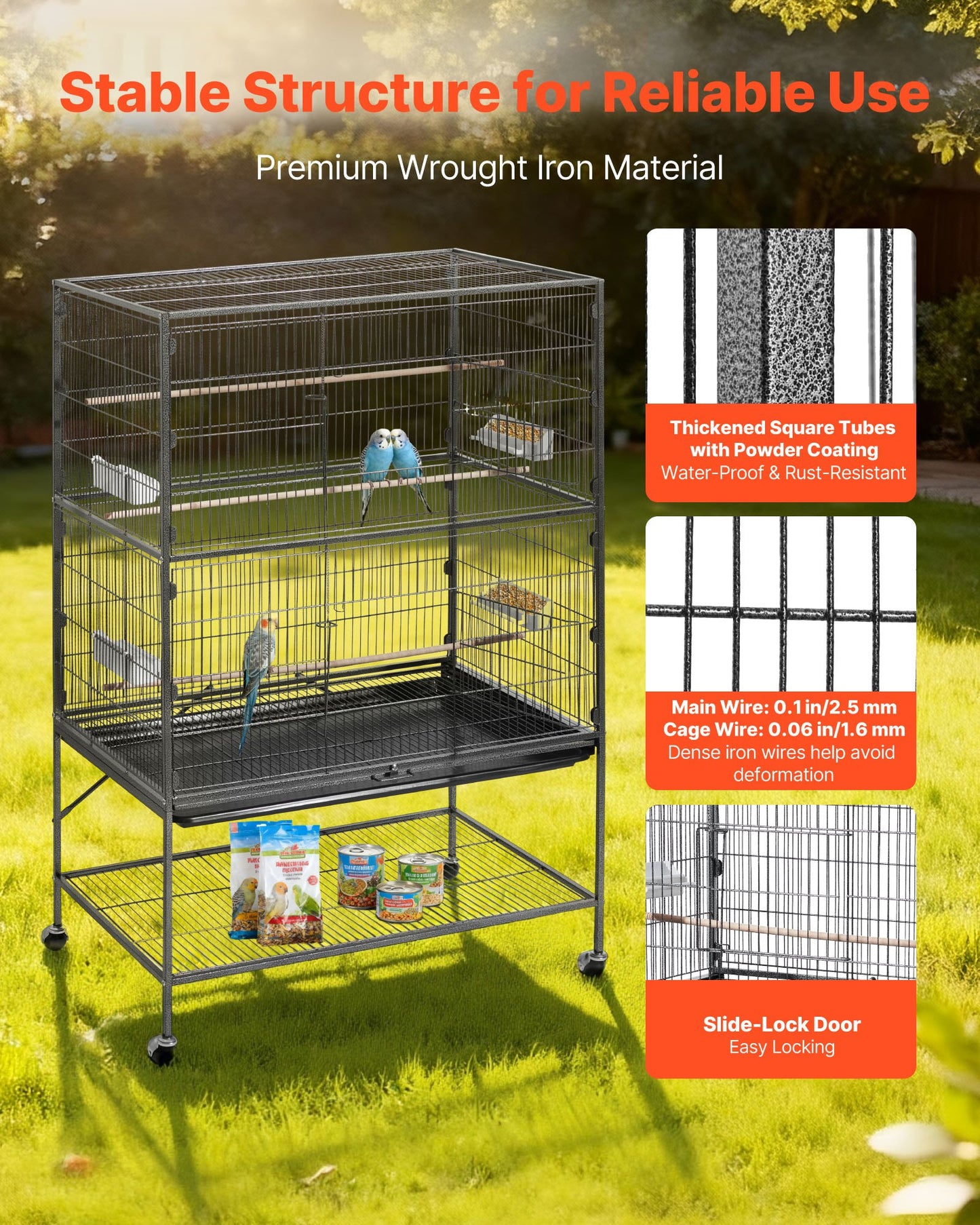 Bird Cage, 930 x 580 x 1510 mm, Flat Top, Wrought Iron Bird Flight Cage with Perches, Slide-Out Tray and Plastic Feeders, for Blue Tit, Cockatiel, Canary, Monk Parakeet, African Grey Parrot