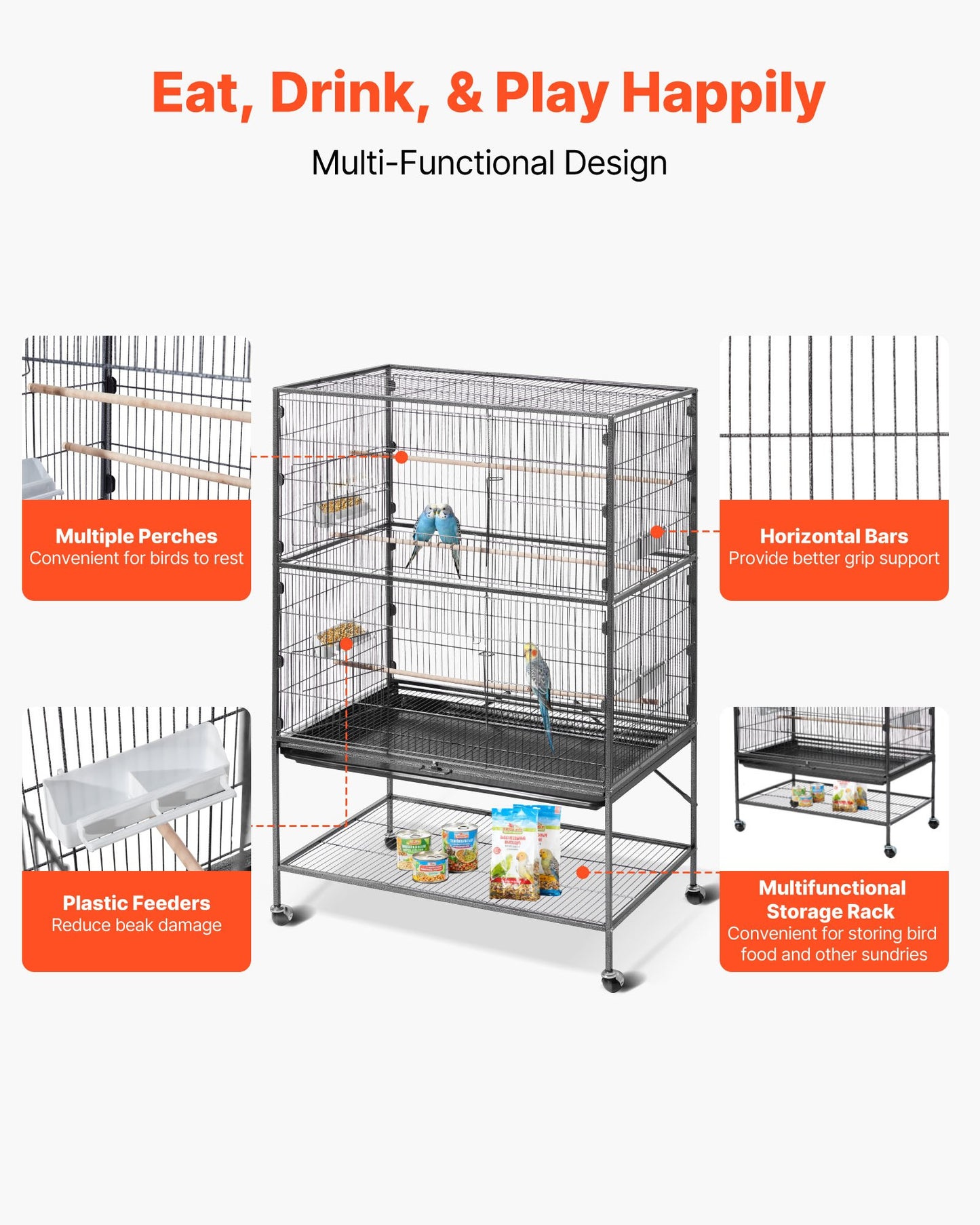 Bird Cage, 930 x 580 x 1510 mm, Flat Top, Wrought Iron Bird Flight Cage with Perches, Slide-Out Tray and Plastic Feeders, for Blue Tit, Cockatiel, Canary, Monk Parakeet, African Grey Parrot