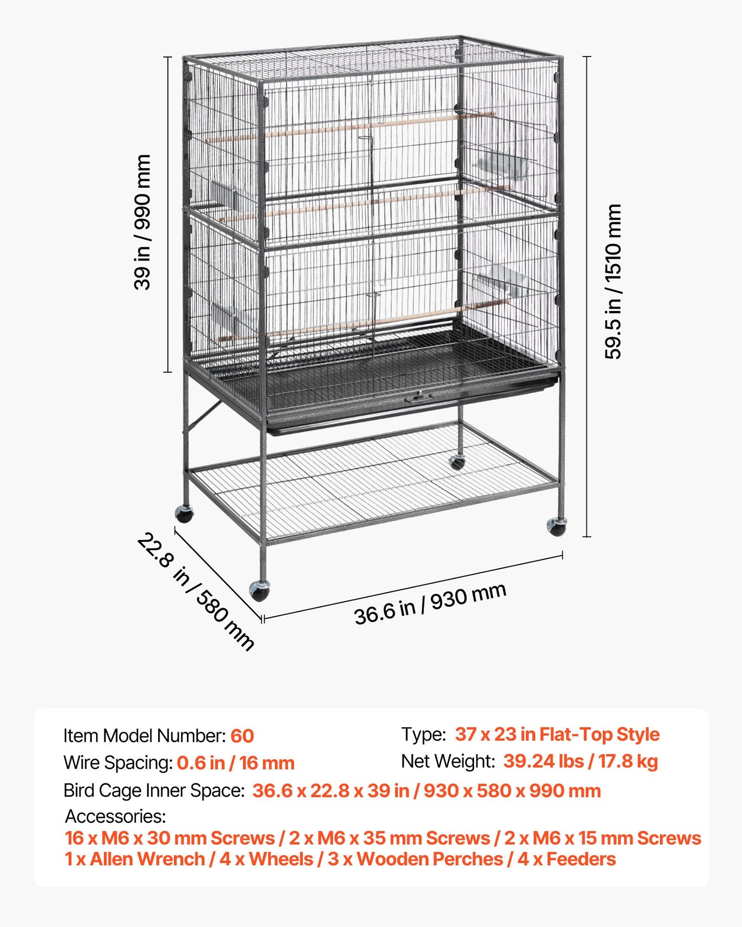 Bird Cage, 930 x 580 x 1510 mm, Flat Top, Wrought Iron Bird Flight Cage with Perches, Slide-Out Tray and Plastic Feeders, for Blue Tit, Cockatiel, Canary, Monk Parakeet, African Grey Parrot