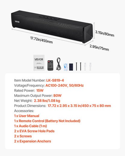 Soundbar för Smart TV, 2.0-kanal, 450 mm kompakta Soundbar-TV-högtalare för projektor, Bluetooth AUX-anslutning, fjärrkontroll, enkel installation, 80 W surroundljudsystem för PC, hemmabiosystem