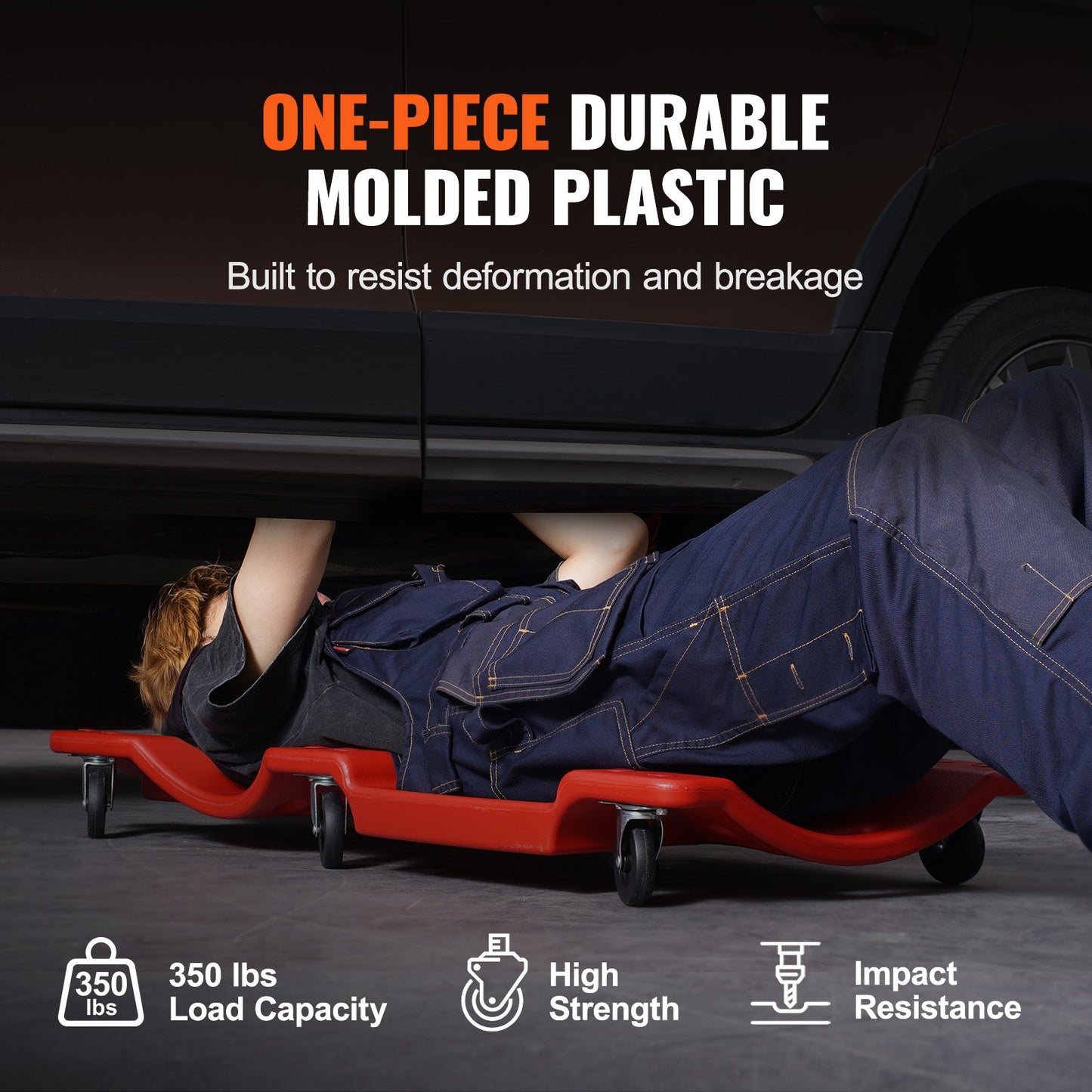 Mekanisk plastkrypvagn, 1016 mm, 158,8 kg kapacitet Rullande garagekrypvagn med gjuten ergonomisk HDPE-kaross, vadderat nackstöd och dubbla verktygsfack, 6 hjul, för garageverkstad, bilreparationer