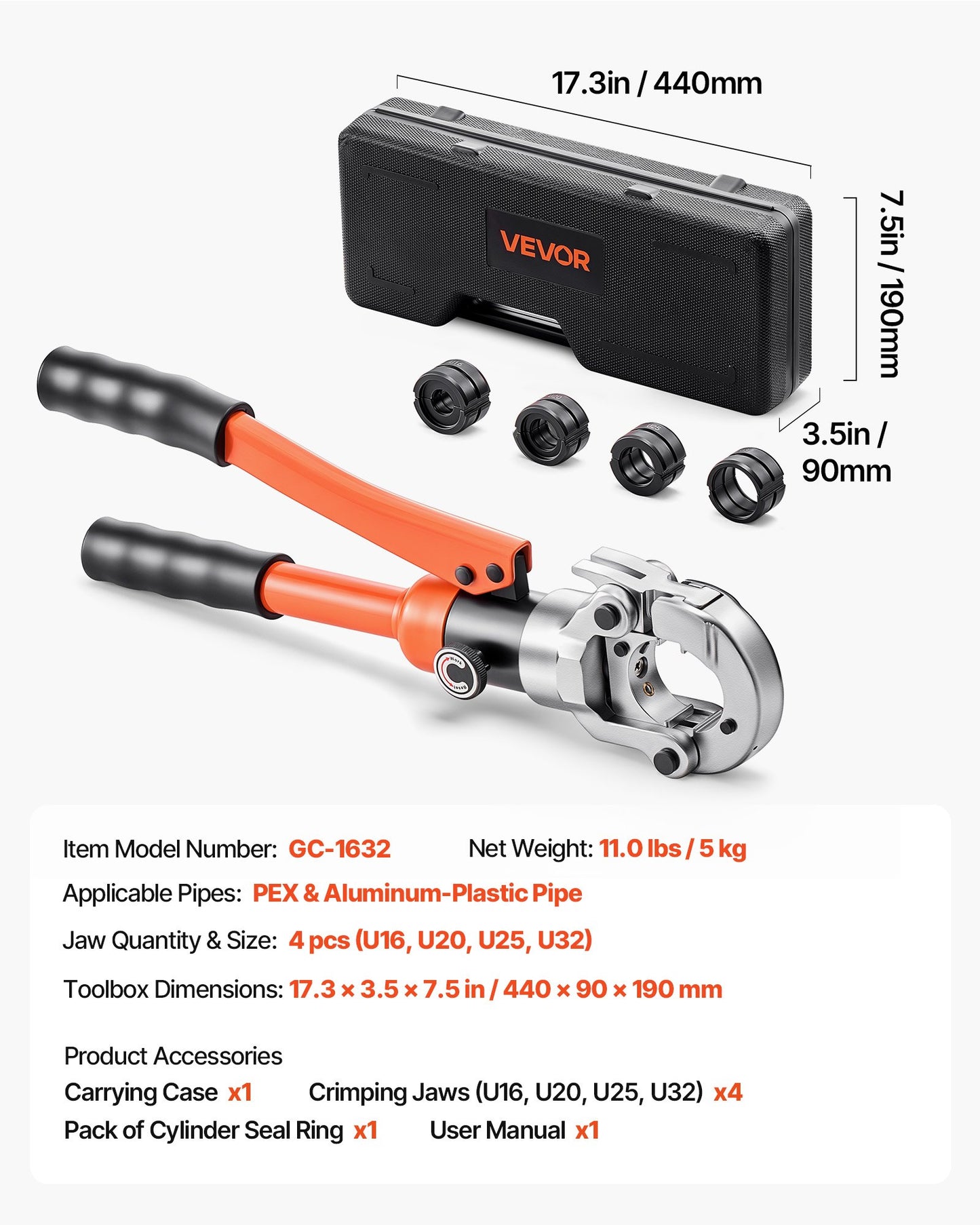 Hydraulisk rörpressverktyg, PEX- och aluminium-plaströrkopplingar med U16 U20 U25 U32 käftar och bärväska, presskrimpverktygssats för VVS-reparationer och installationer