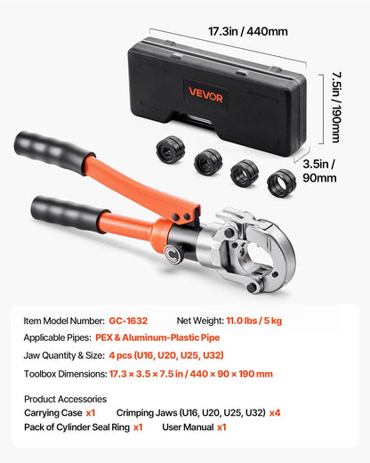 Hydraulisk rörpressverktyg, PEX- och aluminium-plaströrkopplingar med U16 U20 U25 U32 käftar och bärväska, presskrimpverktygssats för VVS-reparationer och installationer