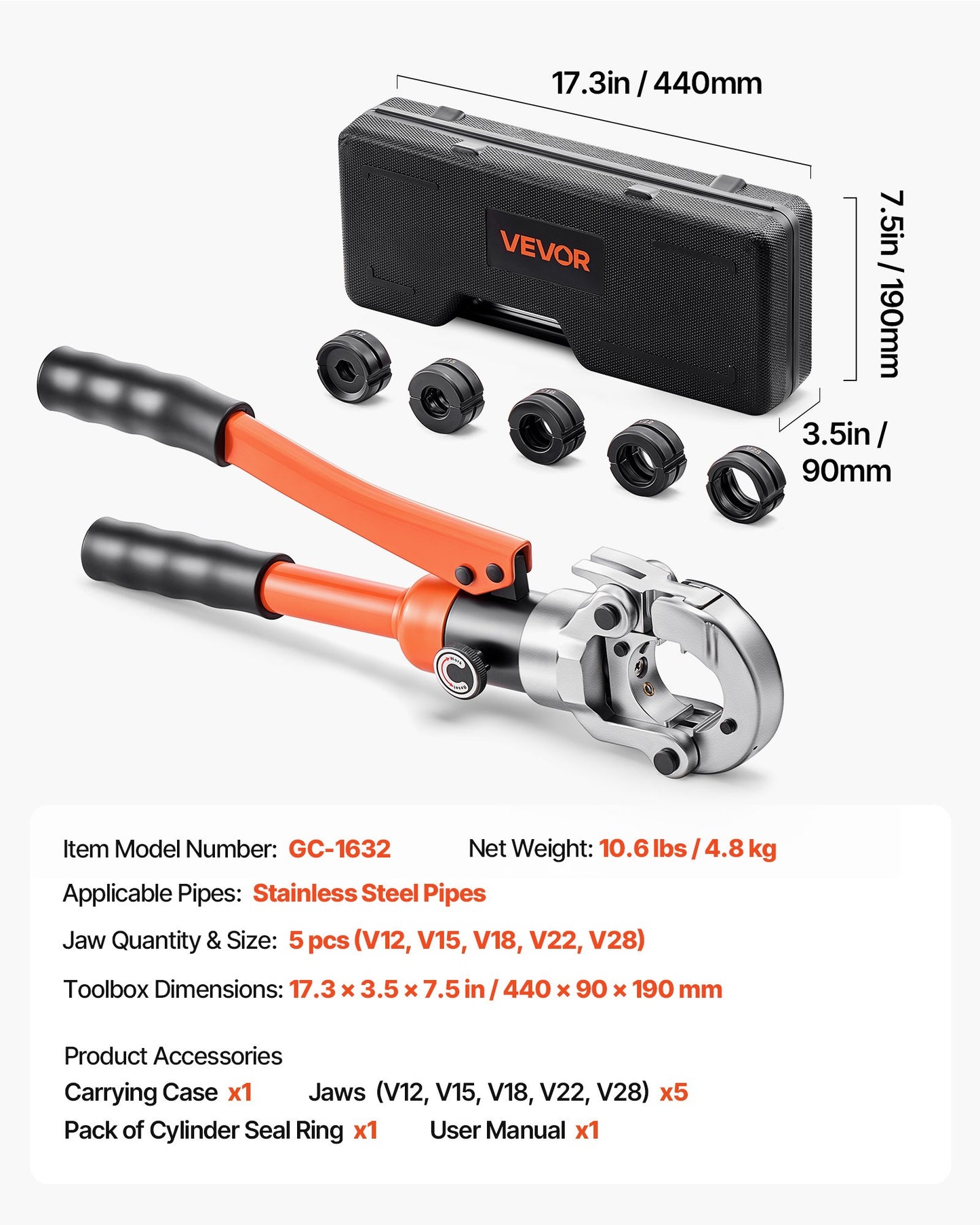Hydraulisk rörpressverktyg, rörkopplingar i rostfritt stål med V12, V15, V18, V22, V28 käftar och bärväska, presskrimpverktygssats för VVS-reparationer och installationer
