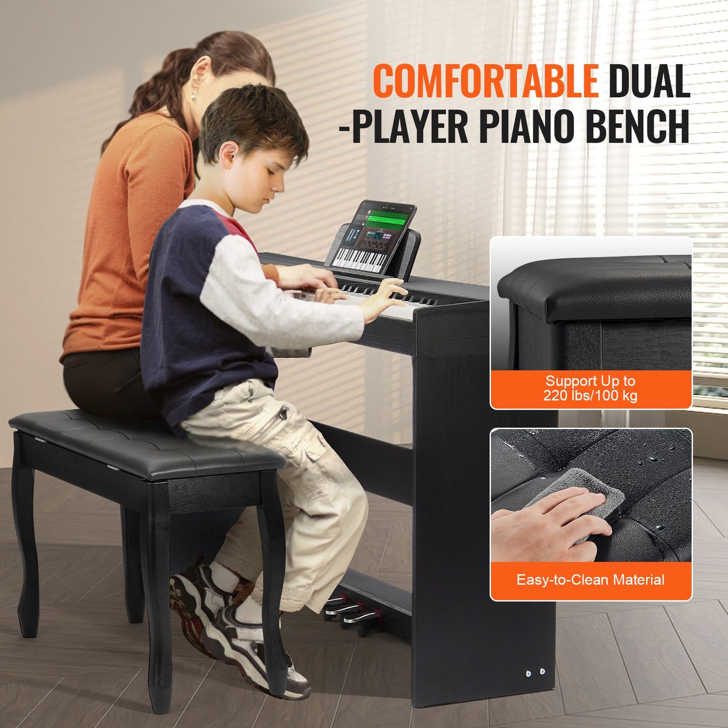 Weighted Digital Piano, 88 Key Fully Weighted Keys, Dual Keyboard & Speakers Simple Cabinet Bracket with Twin Bench Headphone 200 Tones & Rhythms, Support Bluetooth/USB/MIDI, for Teachers Lesson
