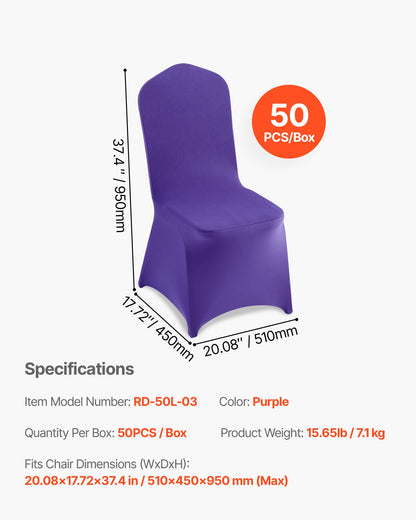 50 st lila stolsöverdrag, polyesterspandex stolsöverdrag, stretchöverdrag för bröllopsfest, middag, bankett, platt front, passar stolsmått upp till 20,08 x 17,72 x 37,4 tum