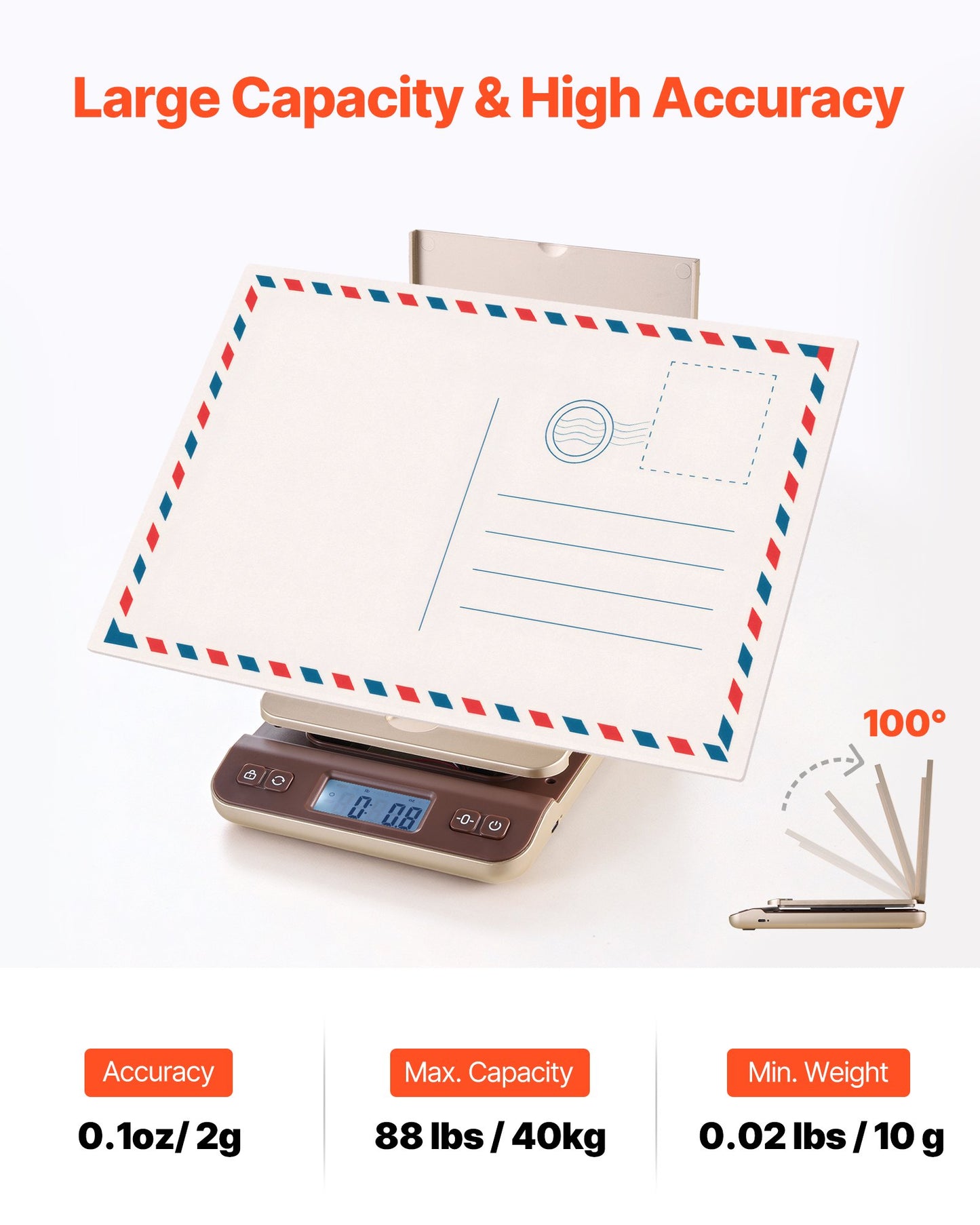 Digital Shipping Postal Scale, 2 g High Accuracy, 40 kg Postal Scale with Hold/Tare/Auto-off Function, Flip Holder Design & Easy Calibration, Fit for Home and Office Use, Battery Included