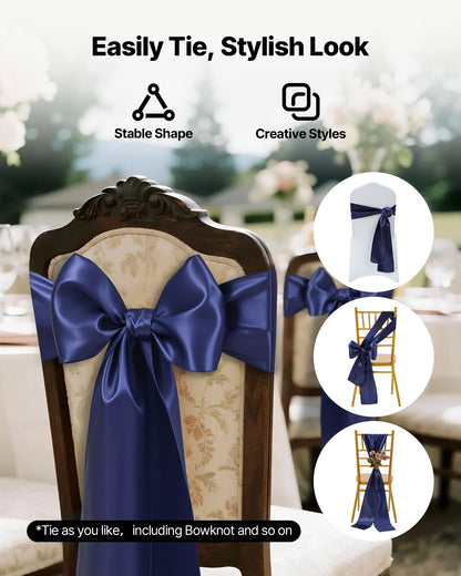 Satin Chair Sashes Bows, 50PCS Chair Ribbon Ties Back Sash, 7 x 108 inch, Navy Blue Wedding Reception Decoration, for Wedding Ceremony Baby Shower Party Events Banquet Chair Cover Decoration