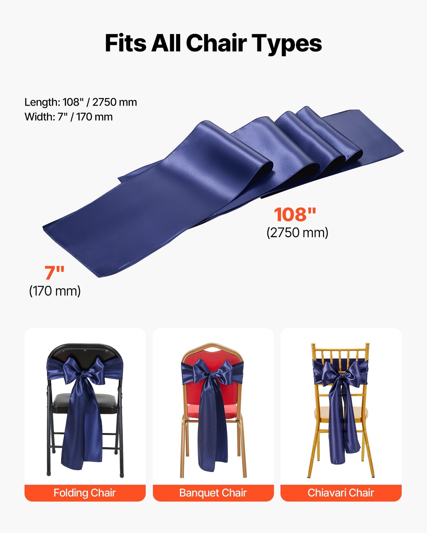 Satin Chair Sashes Bows, 50PCS Chair Ribbon Ties Back Sash, 7 x 108 inch, Navy Blue Wedding Reception Decoration, for Wedding Ceremony Baby Shower Party Events Banquet Chair Cover Decoration