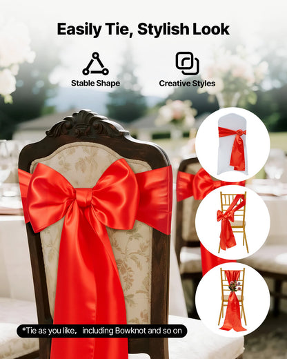 Satin Chair Sashes Bows, 100PCS Chair Ribbon Ties Back Sash, 7 x 108 inch, Red Wedding Reception Decoration, for Wedding Ceremony Baby Shower Party Events Banquet Chair Cover Decoration
