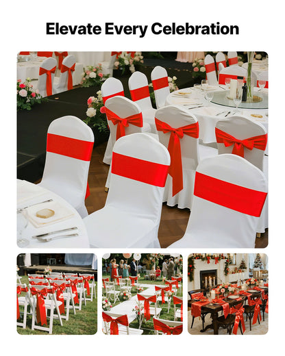 Satinstolsbågar med rosetter, 50 st. stolsband med band, 7 x 108 tum, röd bröllopsdekoration, för bröllopsceremoni, babyshower, fest, evenemang, bankett, stolsöverdrag