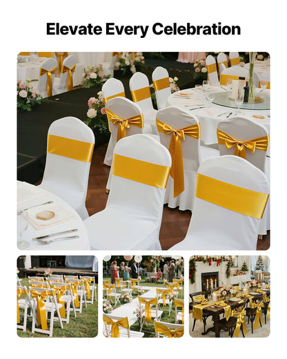 Satin Chair Sashes Bows, 100PCS Chair Ribbon Ties Back Sash, 7 x 108 inch, Gold Wedding Reception Decoration, for Wedding Ceremony Baby Shower Party Events Banquet Chair Cover Decoration