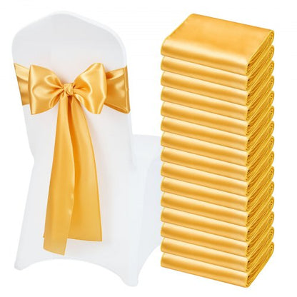 Satin Chair Sashes Bows, 50PCS Chair Ribbon Ties Back Sash, 7 x 108 inch, Gold Wedding Reception Decoration, for Wedding Ceremony Baby Shower Party Events Banquet Chair Cover Decoration