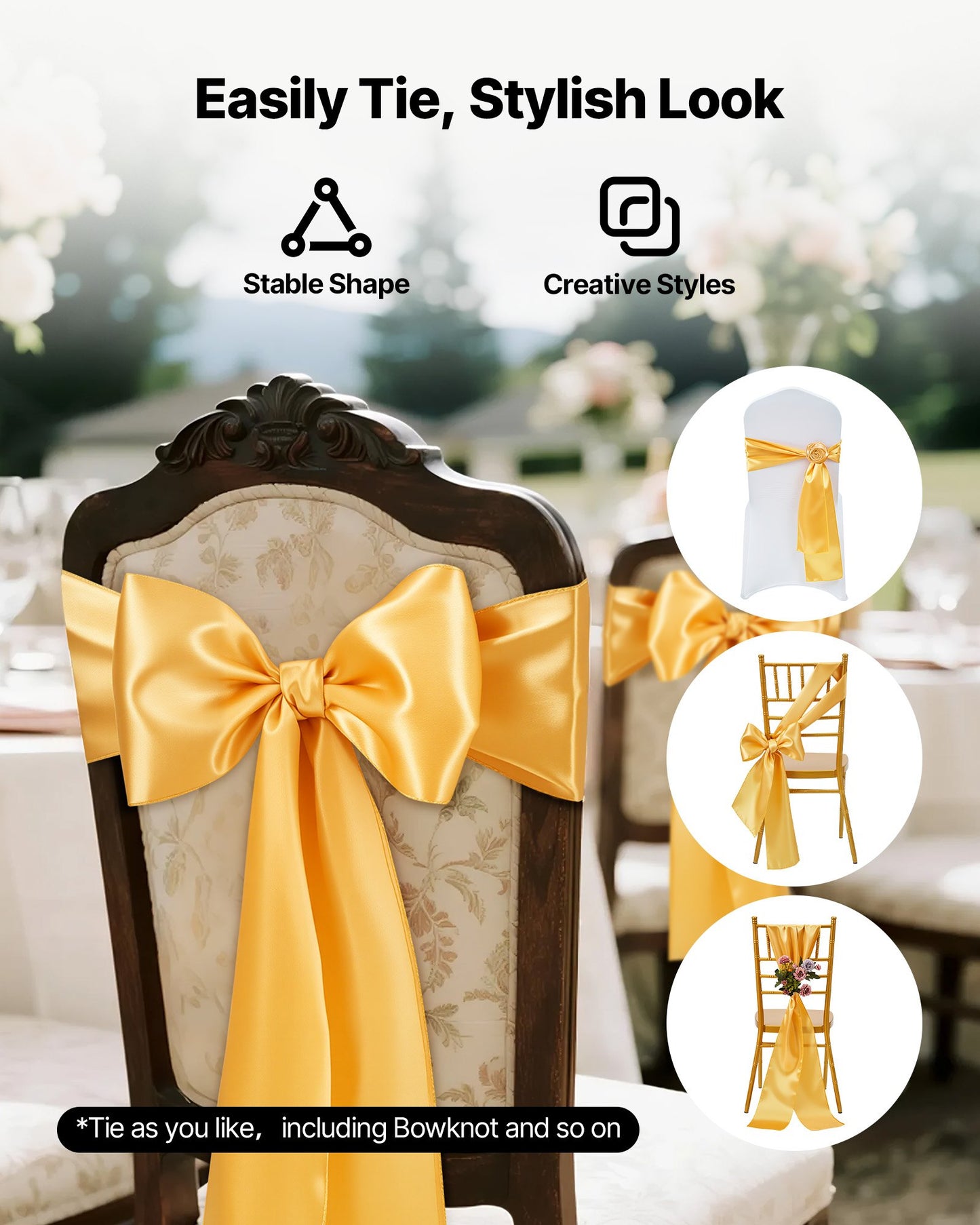 Satin Chair Sashes Bows, 50PCS Chair Ribbon Ties Back Sash, 7 x 108 inch, Gold Wedding Reception Decoration, for Wedding Ceremony Baby Shower Party Events Banquet Chair Cover Decoration