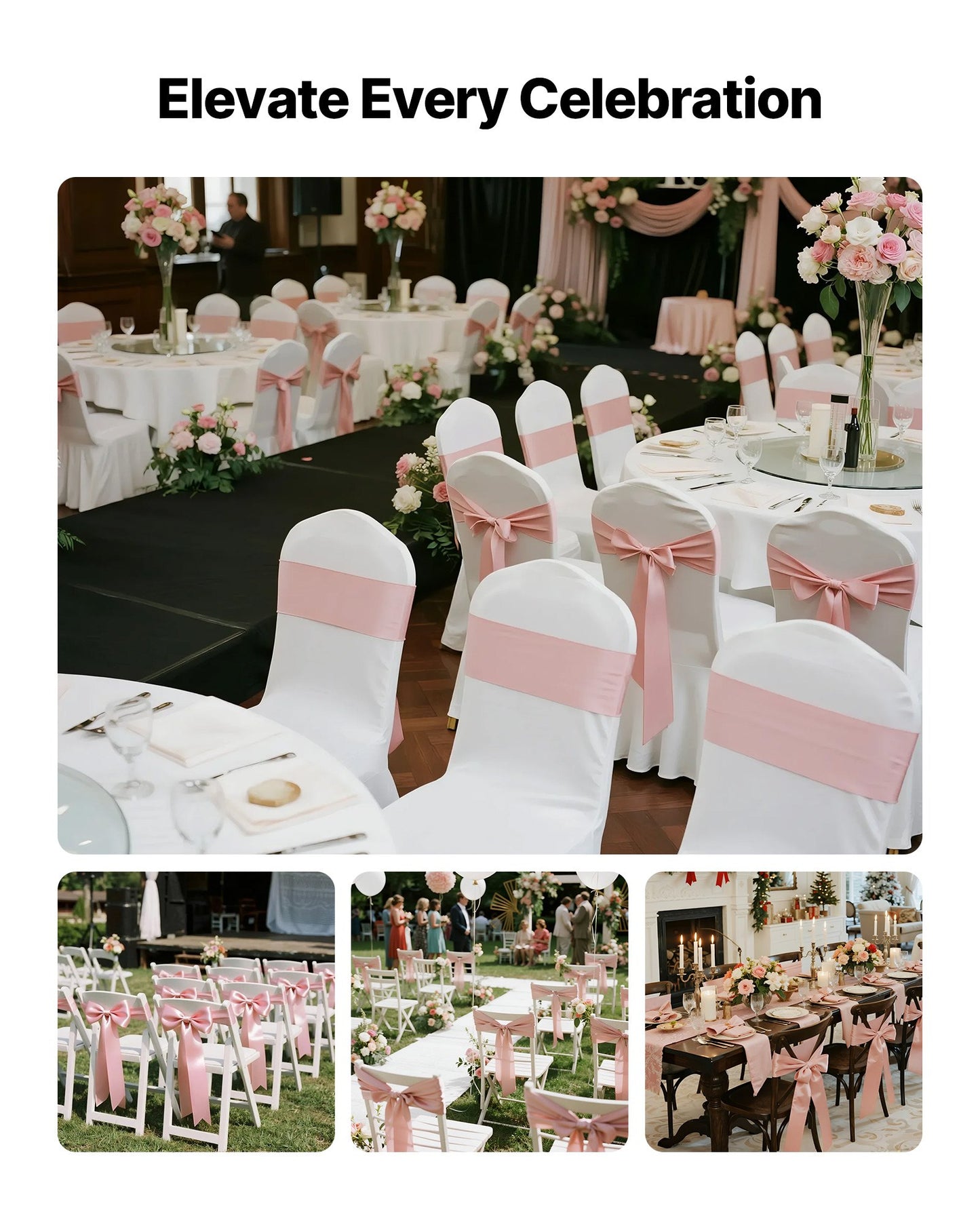 Satinstolsbågar med rosetter, 100 st stolsband med band, 7 x 108 tum, roséguld bröllopsdekoration, för bröllopsceremoni babyshowerfest evenemang bankett stolsöverdrag dekoration