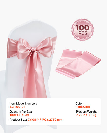 Satinstolsbågar med rosetter, 100 st stolsband med band, 7 x 108 tum, roséguld bröllopsdekoration, för bröllopsceremoni babyshowerfest evenemang bankett stolsöverdrag dekoration
