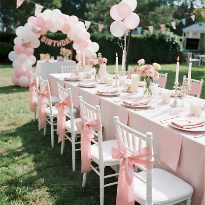 Satinstolsbågar med rosetter, 100 st stolsband med band, 7 x 108 tum, roséguld bröllopsdekoration, för bröllopsceremoni babyshowerfest evenemang bankett stolsöverdrag dekoration