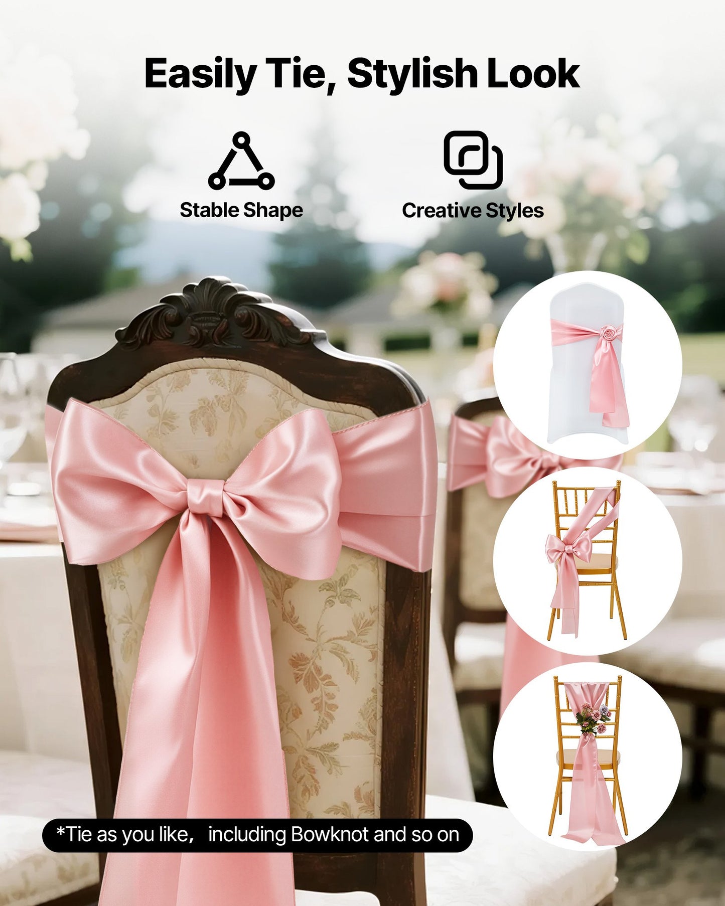 Satin Chair Sashes Bows, 50PCS Chair Ribbon Ties Back Sash, 7 x 108 inch, Rose Gold Wedding Reception Decoration, for Wedding Ceremony Baby Shower Party Events Banquet Chair Cover Decoration