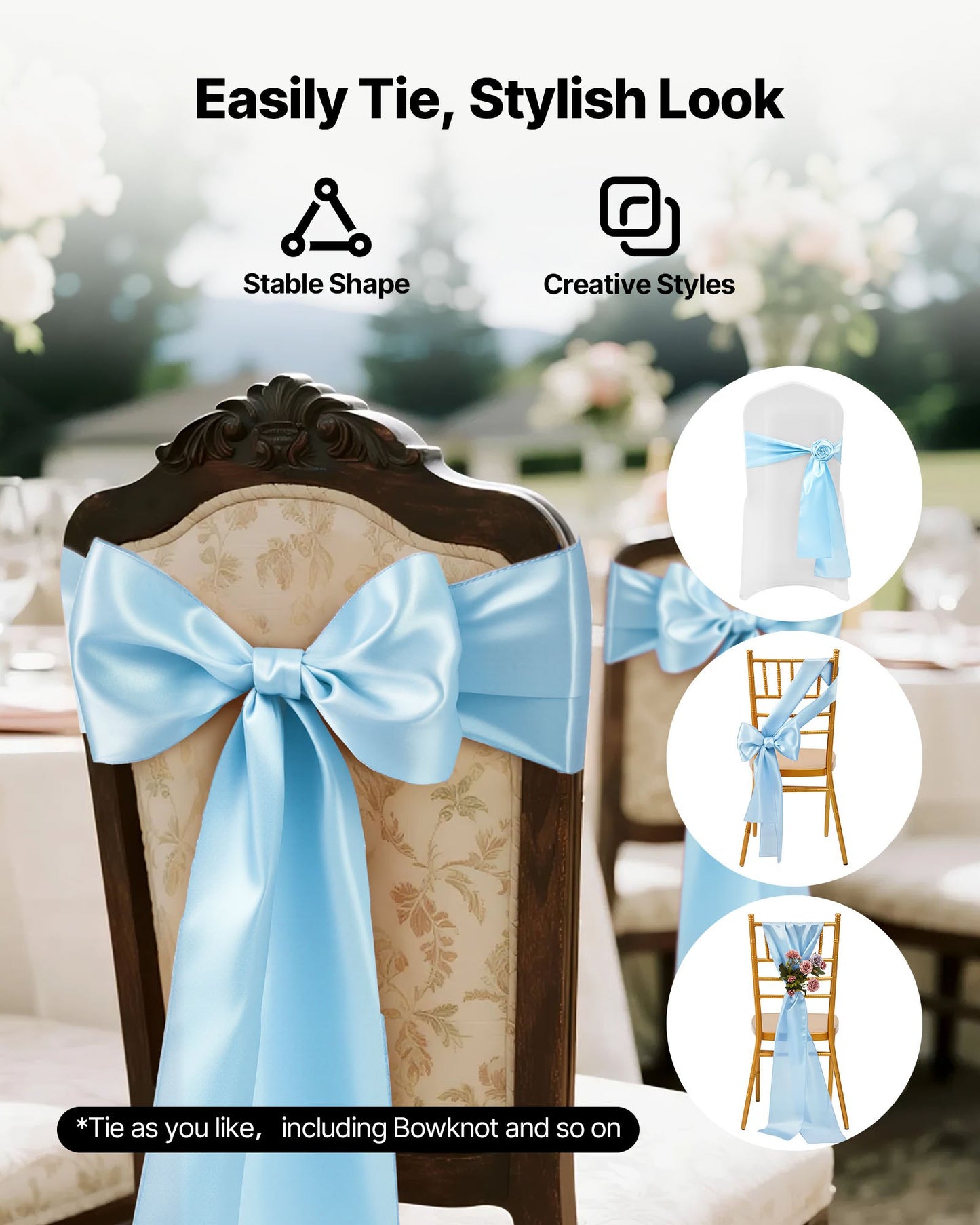 Satin Chair Sashes Bows, 100PCS Chair Ribbon Ties Back Sash, 7 x 108 inch, Light Blue Wedding Reception Decoration, for Wedding Ceremony Baby Shower Party Events Banquet Chair Cover Decoration