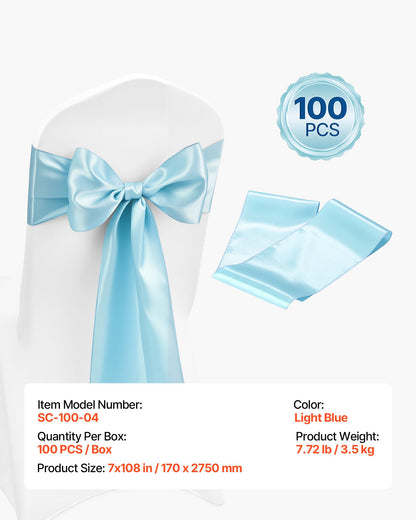 Satin Chair Sashes Bows, 100PCS Chair Ribbon Ties Back Sash, 7 x 108 inch, Light Blue Wedding Reception Decoration, for Wedding Ceremony Baby Shower Party Events Banquet Chair Cover Decoration