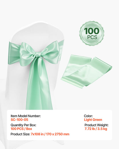 Satin Chair Sashes Bows, 100PCS Chair Ribbon Ties Back Sash, 7 x 108 inch, Light Green Wedding Reception Decoration, for Wedding Ceremony Baby Shower Party Events Banquet Chair Cover Decoration