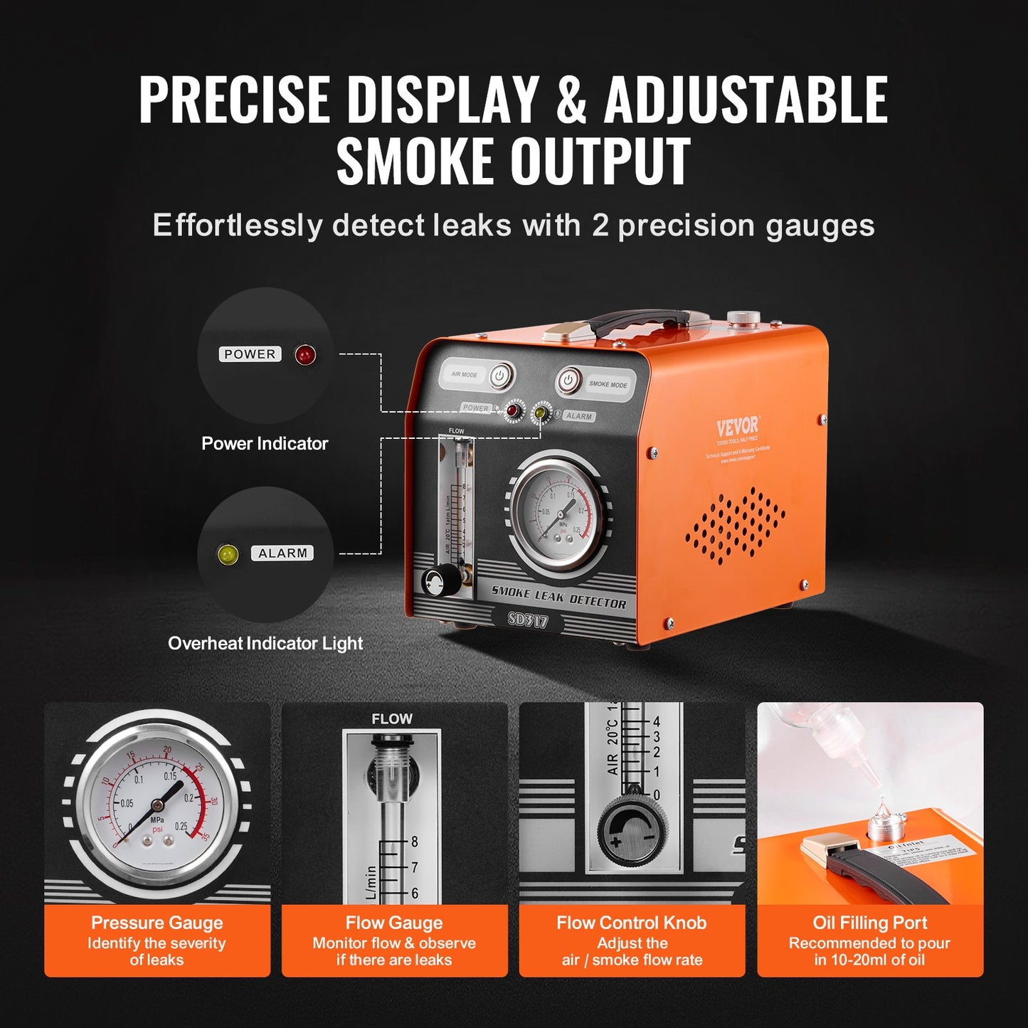 Automotive Smoke Machine Leak Detector, EVAP Smoke Machine Leak Tester with Built-in Air Pump, Pressure Gauge & Flow Meter, Dual-Mode Diagnostic Leak Detector for Vacuum, Fuel, Pipeline Testing