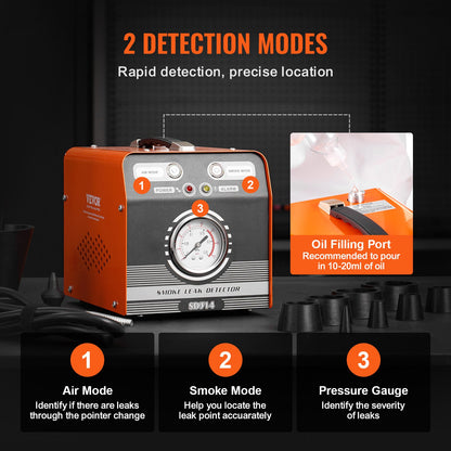 Läckagedetektor för bilrökmaskin, läckagetestare för avdunstning av rökmaskin med inbyggd luftpump och tryckmätare, diagnostisk läckagedetektor med dubbla lägen för vakuum-, bränsle- och rörledningssystemtestning