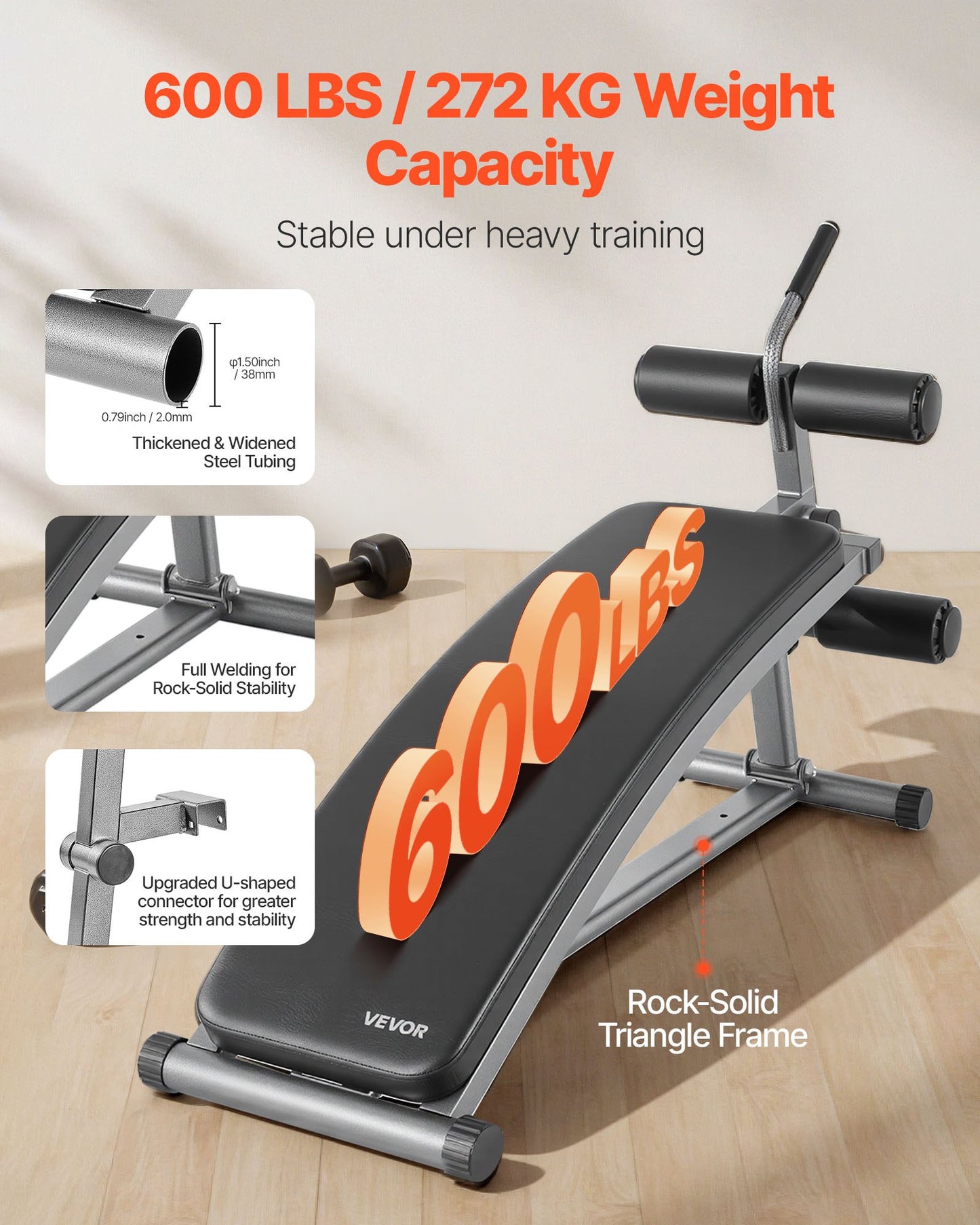 Sit Up-bänk, böjd, nedåtgående magbänk med omvänd crunch-handtag, med 6 justerbara höjdinställningar, kraftigt stål, 272 kg kapacitet för hemmagym, styrketräning, helkroppsmuskler