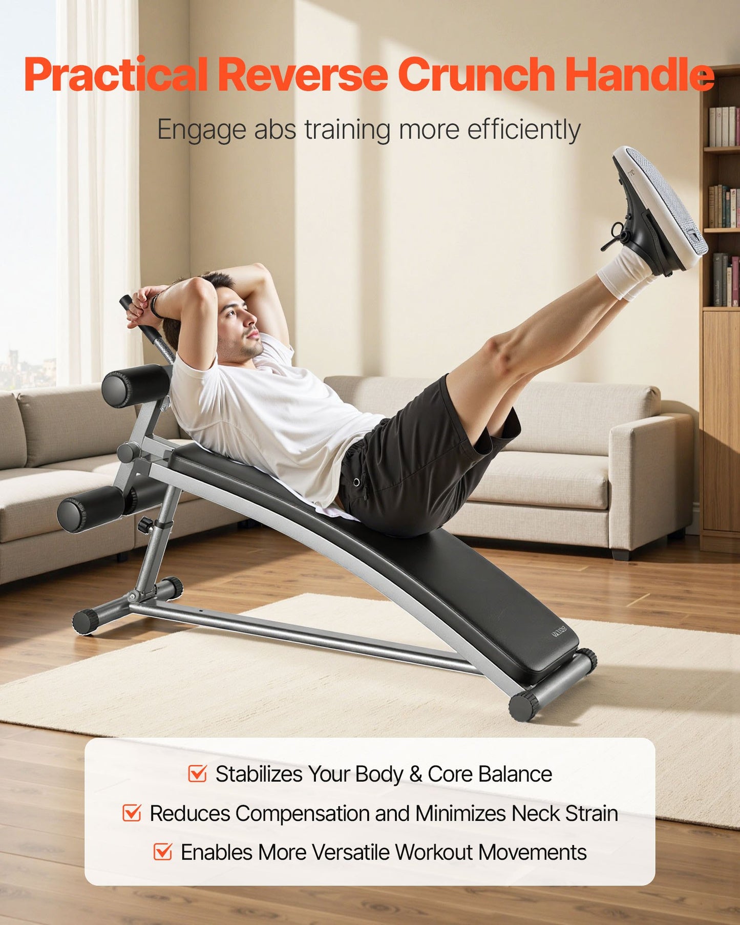 Sit Up-bänk, böjd, nedåtgående magbänk med omvänd crunch-handtag, med 6 justerbara höjdinställningar, kraftigt stål, 272 kg kapacitet för hemmagym, styrketräning, helkroppsmuskler